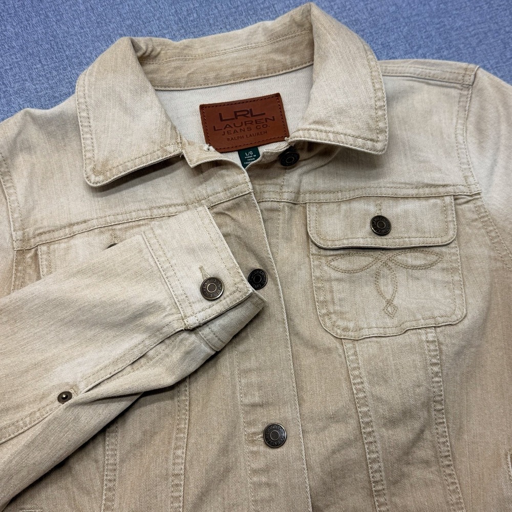 LRL Lauren Jeans Co Ralph Lauren Womens Denim Jacket Large Beige Stretch
